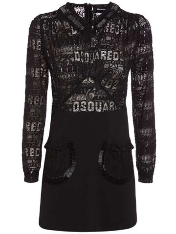 DSQUARED2 Embellished Lace & Cady Mini Dress in black