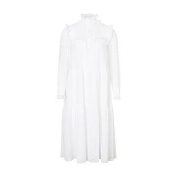 Celine Triomphe Embroidered Cotton Canvas Frilled Dress in white