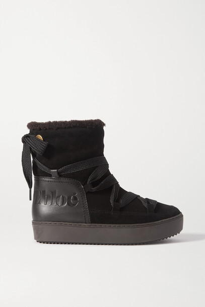 See By Chloé See By Chloé - Leather-trimmed Suede And Shearling Ankle Boots - Black
