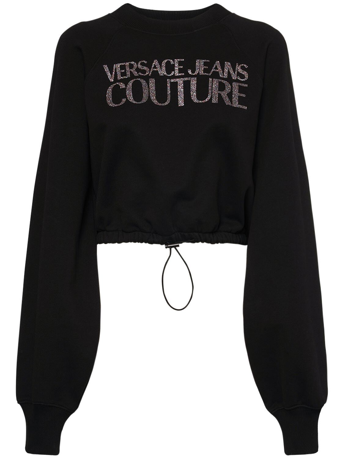 VERSACE JEANS COUTURE Glittered Logo Cotton Jersey Sweatshirt in black