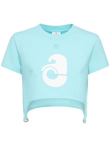 COURREGES Shell Printed Cotton Crop Top in turquoise