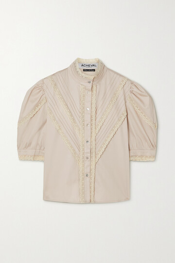 ÀCHEVAL PAMPA ÀCHEVAL PAMPA - + Net Sustain Yegua Pleated Lace-trimmed Stretch-cotton Poplin Blouse - Neutrals