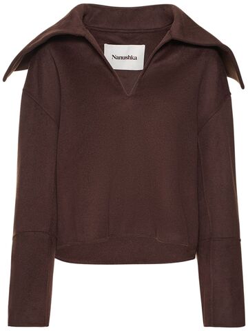 nanushka maxe wool silk v neck sweater in brown