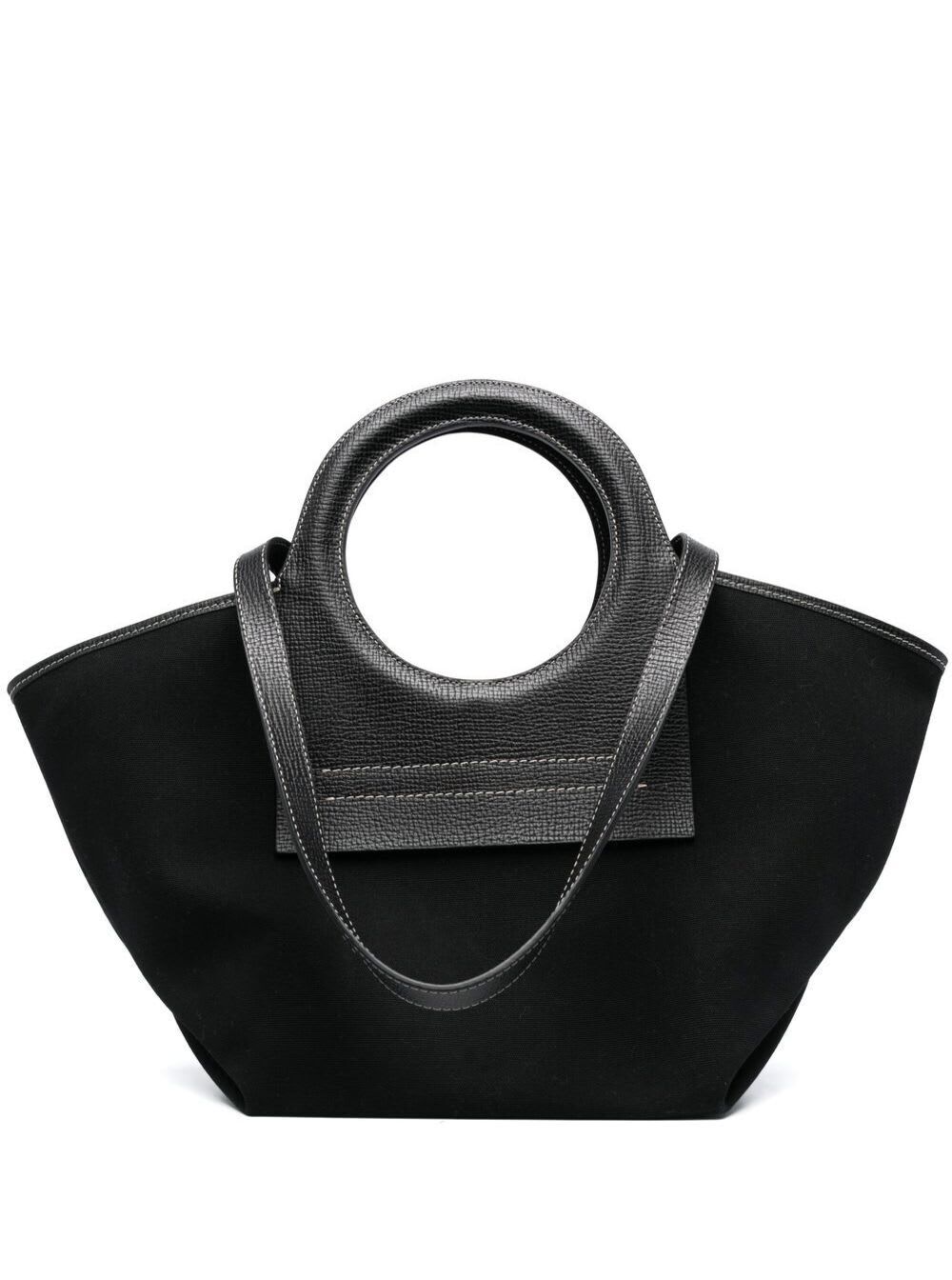 Hereu Cala Small Grainy Canvas Tote Bag With Leather Strap in black