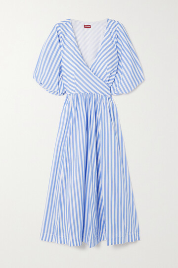 staud - jodie striped cotton-poplin midi wrap dress - blue