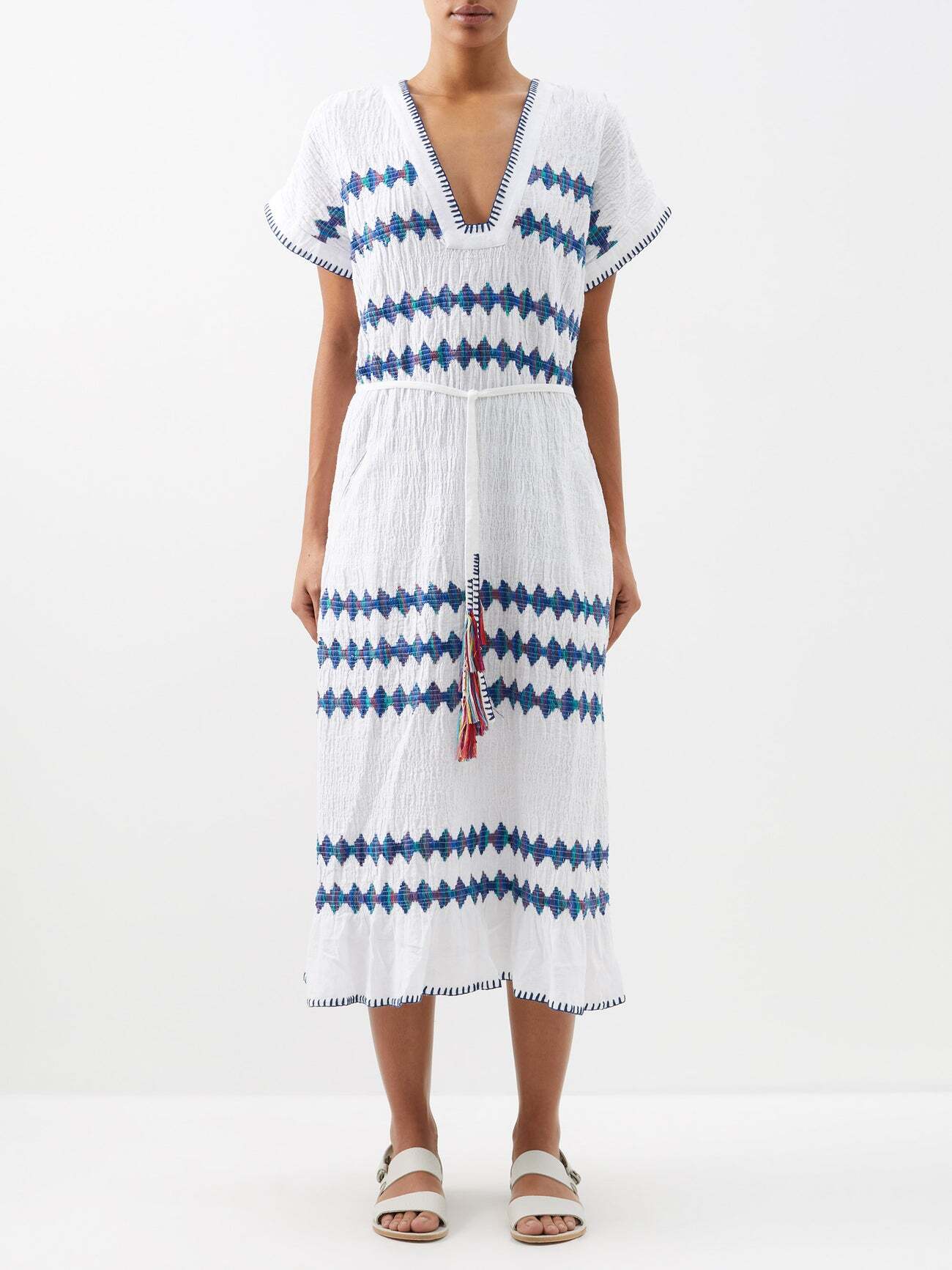 Boteh - Hero Hera Geometric-print Cotton-blend Midi Dress - Womens - White Blue