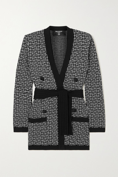 BALMAIN - Belted Jacquard-knit Wool-blend Cardigan - Black