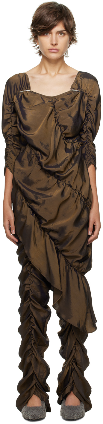 Rui Brown Pleated Asymmetric Midi Dress in chocolate / metallic
