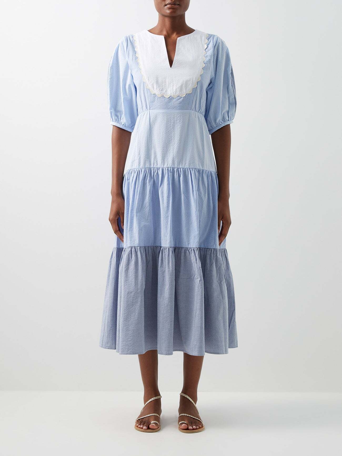 Wiggy Kit - Jacqueline Bib-front Cotton-seersucker Midi Dress - Womens - Blue Multi
