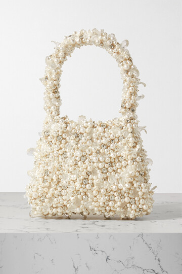 clio peppiatt - crystal pearl embellished tulle shoulder bag - ivory
