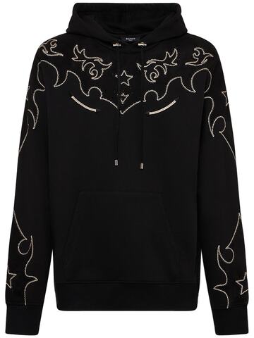 balmain jersey & suede baroque cotton hoodie in black