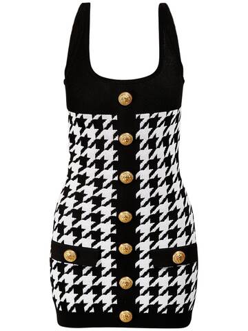BALMAIN Viscose Knit Houndstooth Mini Dress in black / white
