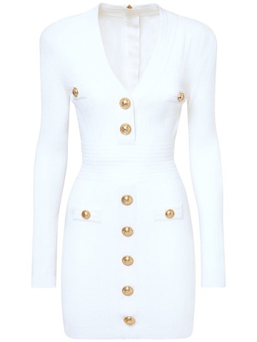 balmain long sleeved viscose knit mini dress in white