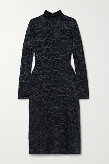stella mccartney - pointelle-trimmed embroidered crushed-velvet dress - black