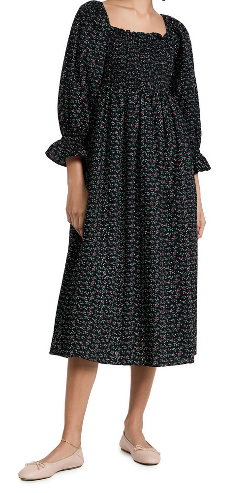 ENGLISH FACTORY Floral Smocked Midi Dress in black