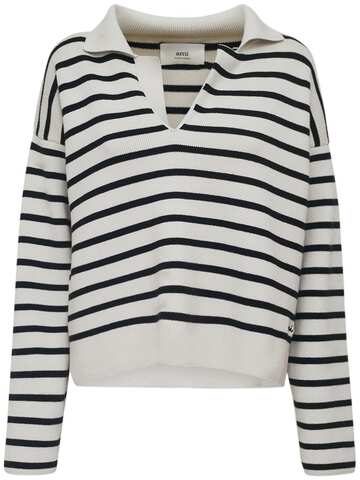 ami paris striped cotton & wool polo sweater in black / white