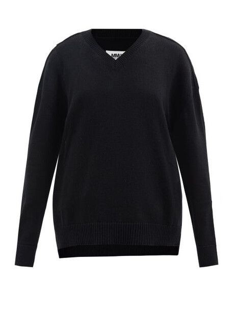 Mm6 Maison Margiela - Leather Elbow-patch V-neck Cotton-blend Sweater - Womens - Black