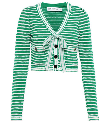 Self-Portrait Striped cotton-blend cardigan in green