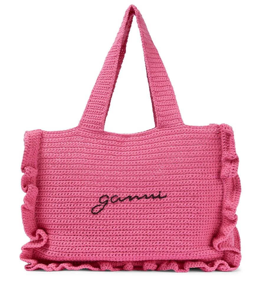 Ganni Frill-trimmed crochet tote bag in pink