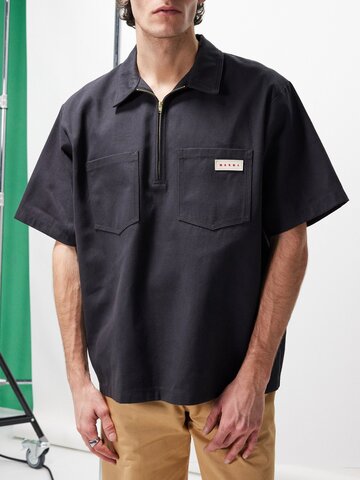 marni - patch-pocket cotton-blend gabardine shirt - mens - black
