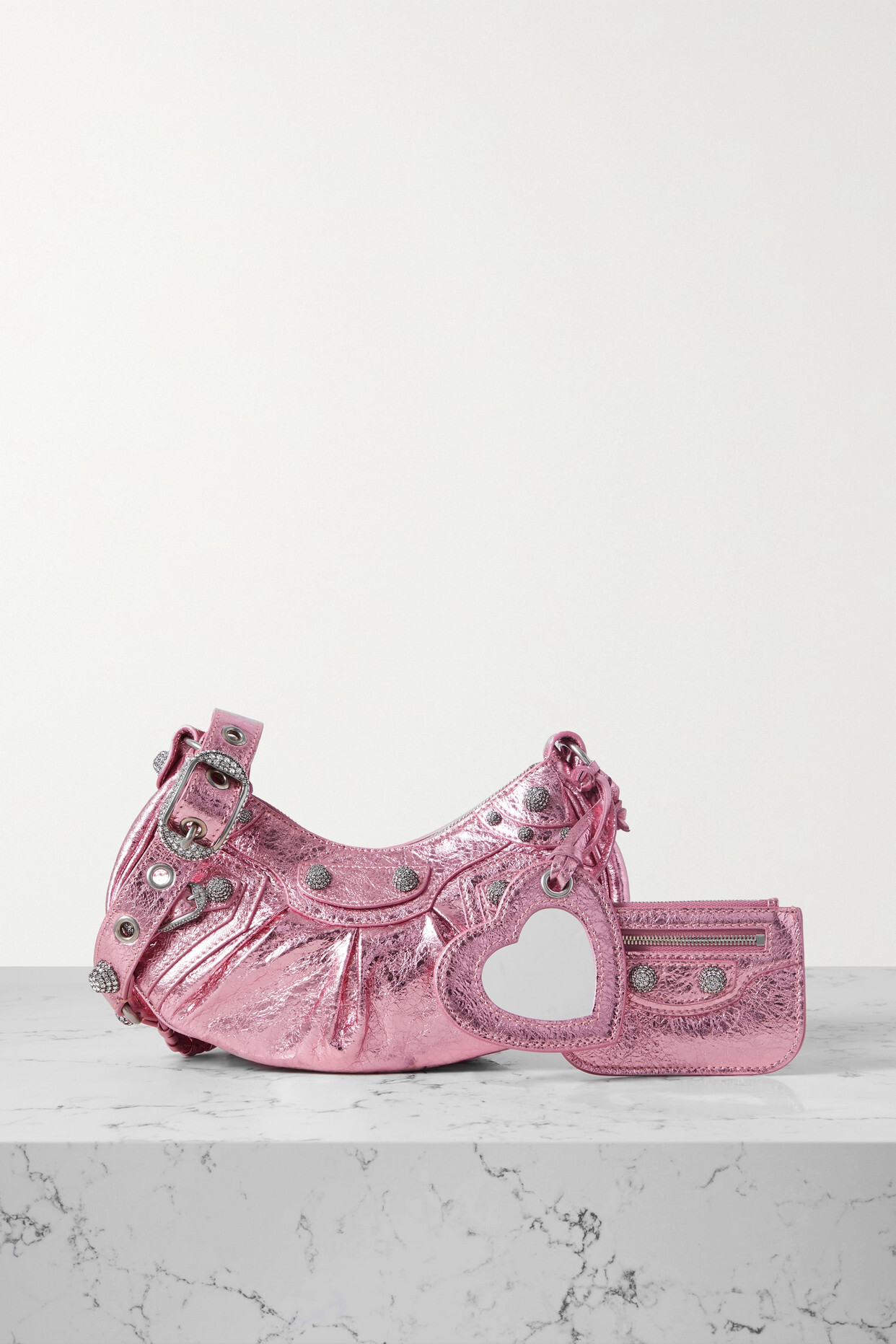 Balenciaga - Le Cagole Xs Crystal-embellished Studded Metallic Crinkled-leather Shoulder Bag - Pink