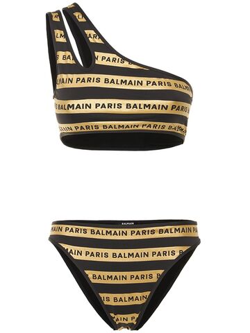 BALMAIN Rubberized Logo One Shoulder Bikini in black / gold