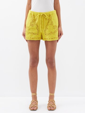 valentino - bandana-lace cotton-blend shorts - womens - yellow