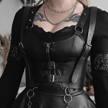 top,black,harness,goth,alternative,leather,buckles,spikes