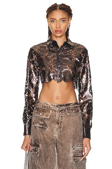 coperni lace cropped long sleeve shirt in chocolate