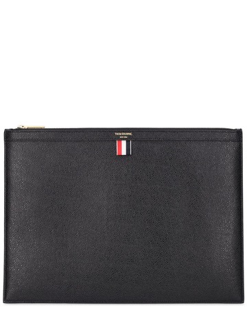 thom browne large pebbled leather zip pouch in black