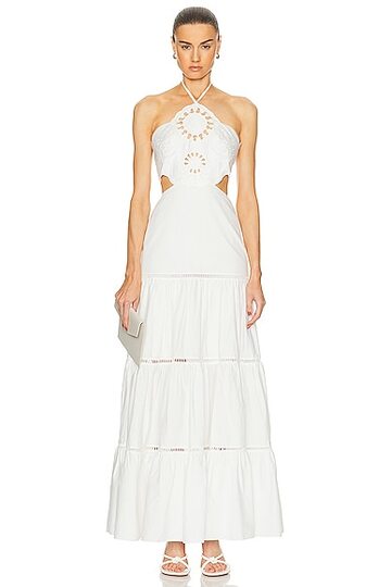 patbo lasercut cotton poplin maxi dress in white