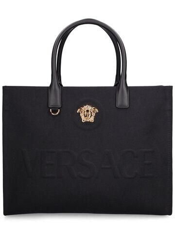 versace logo canvas tote bag in black / gold