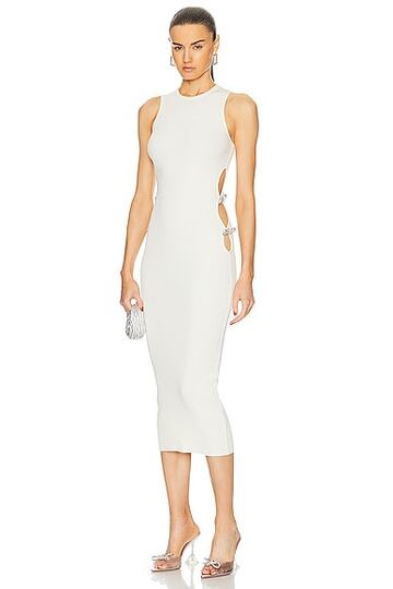 mach & mach stretch knit midi dress with cut out crystal bow sides in ivory