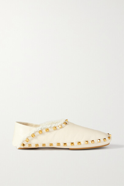 Valentino - Valentino Garavani Rockstud Collapsible-heel Shearling-lined Leather Slippers - Off-white