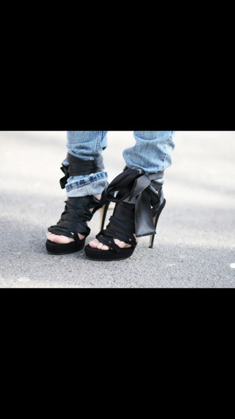 shoes black black heels ribbon black ribbon black ribbon heels heels high heels fancy