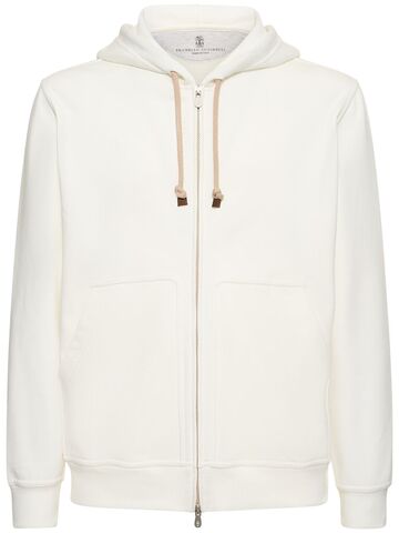 brunello cucinelli cotton fleece zip up hoodie in white
