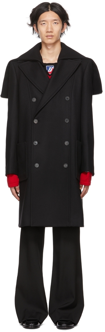 balmain black wool pea coat in noir