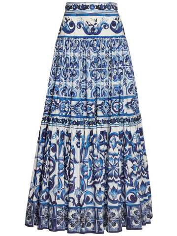DOLCE & GABBANA Printed Light Cotton Poplin Long Skirt in blue / white