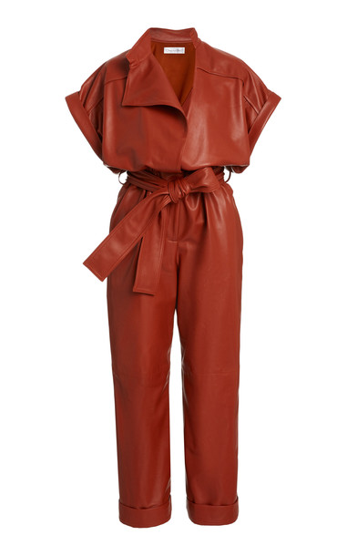 Oscar de la Renta Belted Leather Jumpsuit in red