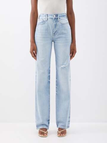 frame - le jane distressed high-rise straight-leg jeans - womens - light blue