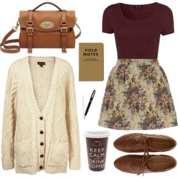 dress shoes sweater skirt bag knitted sweater white sweater white knit sweater cardigan vintage floral skirt tapestry flowers pretty dark pink floral mini dress summer outfits leather bag ankle boots