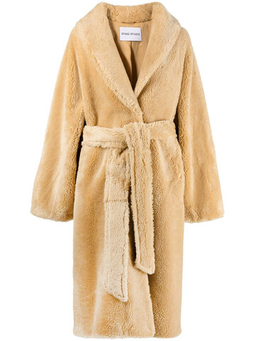 stand studio belted shearling coat - brown