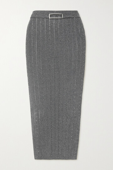 alessandra rich - embellished metallic ribbed-knit midi skirt - gray