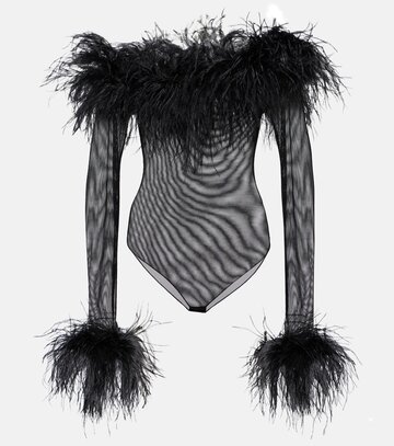 oseree oséree feather-trimmed mesh bodysuit in black