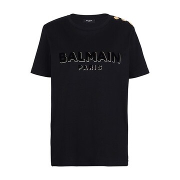 Cotton T-shirt with flocked metallic Balmain logo in noir
