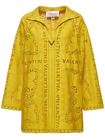 valentino v logo cotton guipure lace shirt dress in yellow
