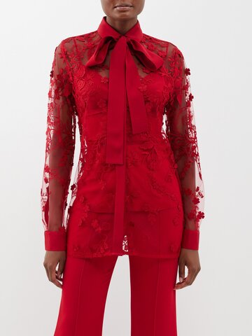 elie saab - floral-embroidered pussy-bow tulle blouse - womens - red