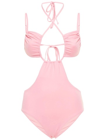 WEWOREWHAT Rouched Cut Out One Piece Swimsuit in pink