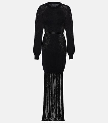 costarellos feather, crochet and fringe dress in black