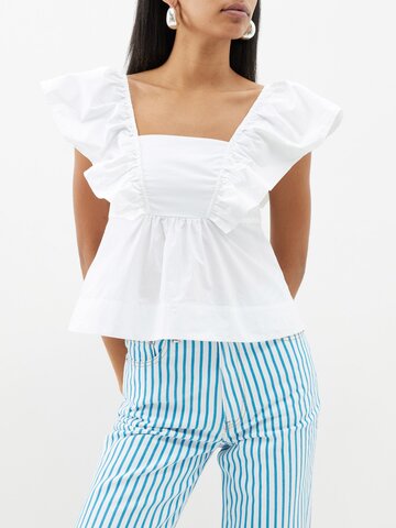 ganni - ruffled organic-cotton poplin blouse - womens - white